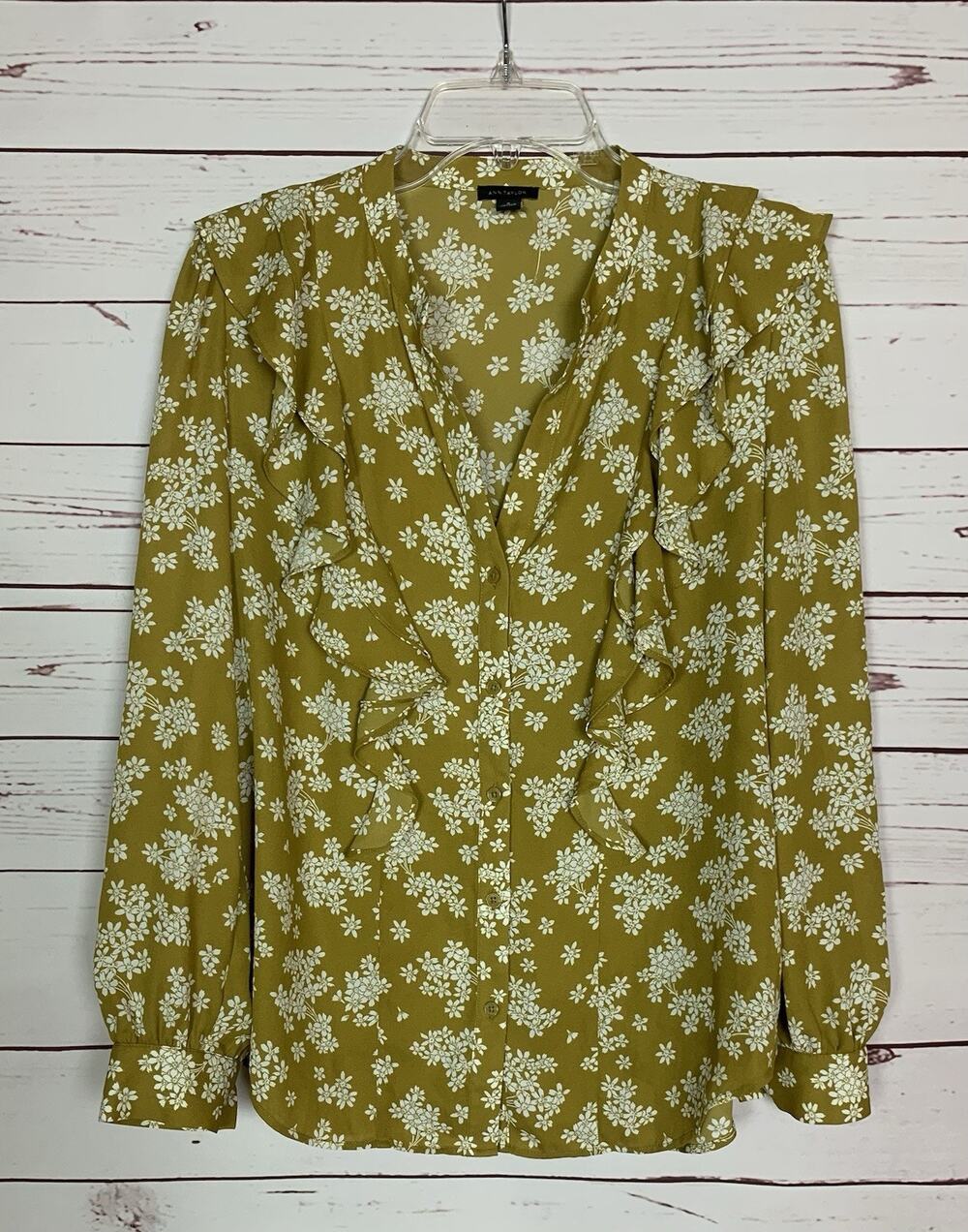 Ann Taylor Women's M Medium Floral Ruffle Button Long Sleeve Boho Peasant Top